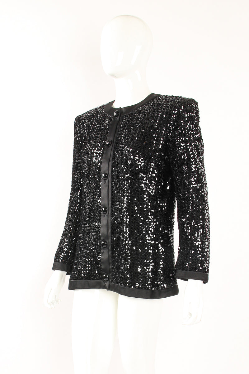 Vintage YSL Yves Saint Laurent Liquid Sequin Jacket on Mannequin angle at Recess Los Angeles