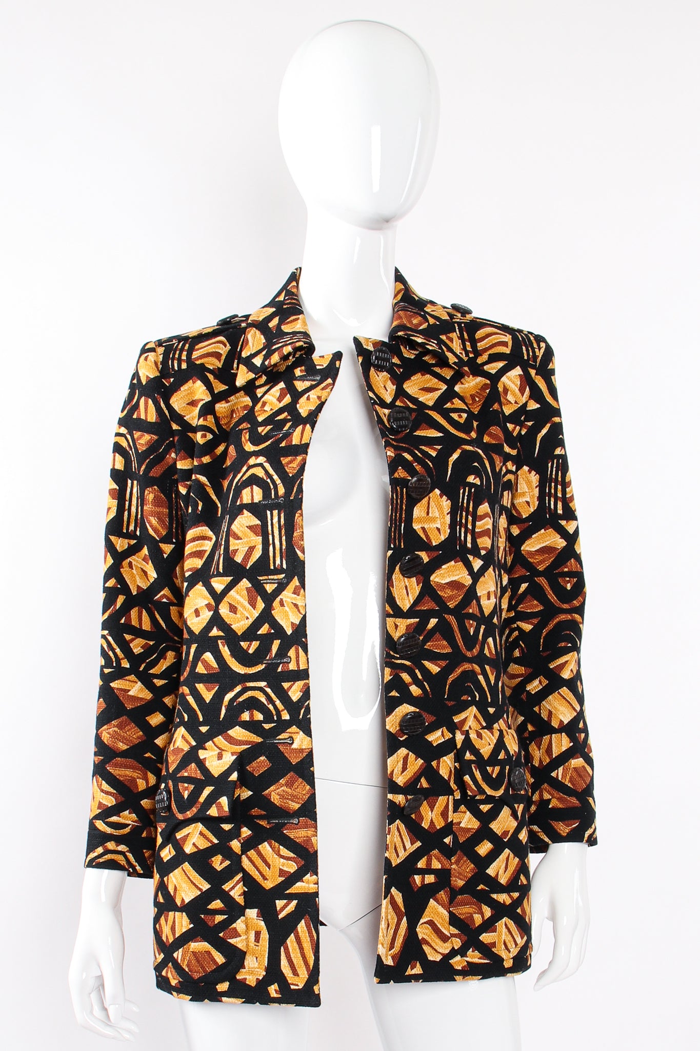 Vintage YSL Yves Saint Laurent Wax Print Safari Jacket on Mannequin front open at Recess LA