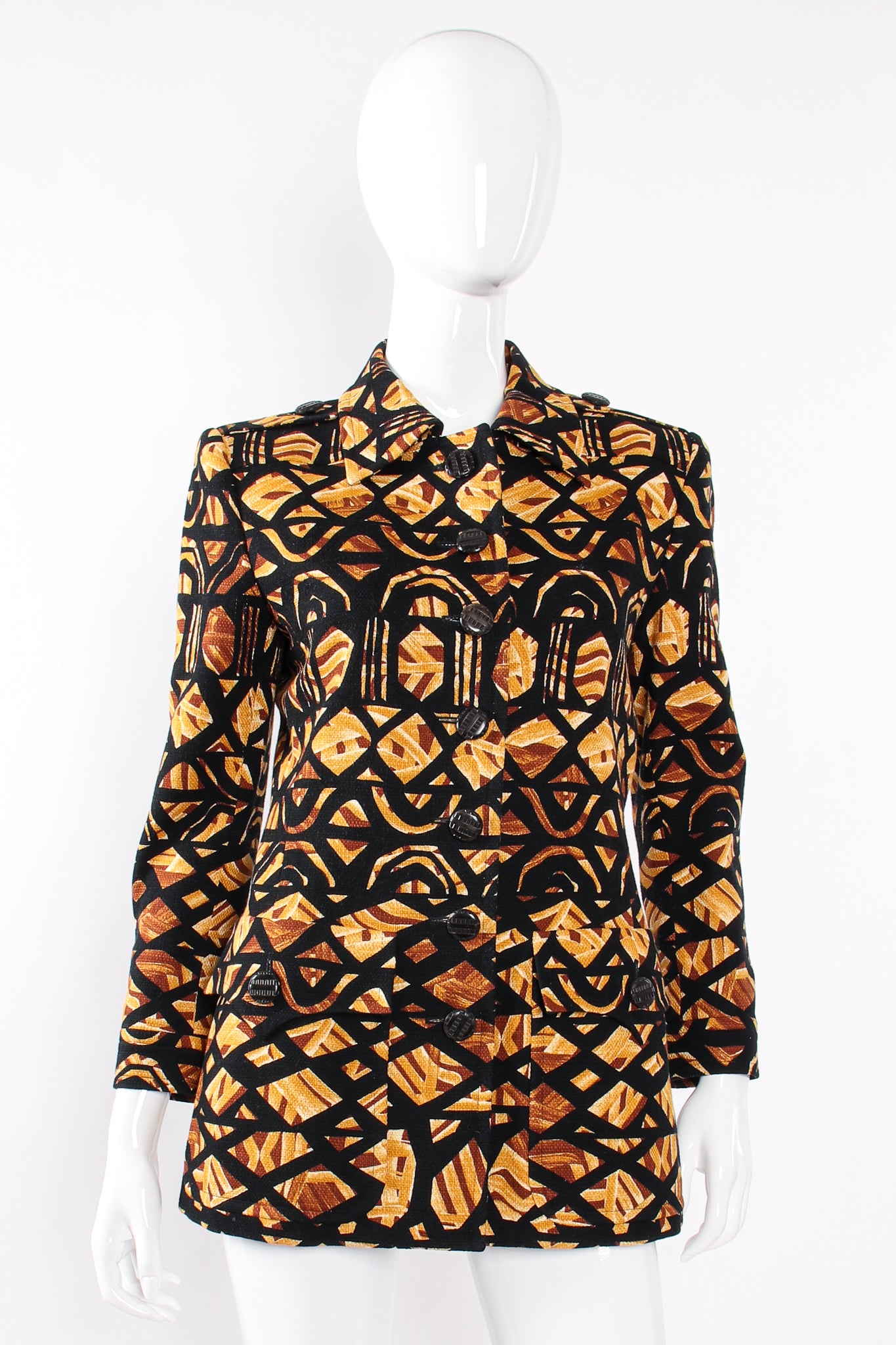 Vintage YSL Yves Saint Laurent Wax Print Safari Jacket on Mannequin front at Recess LA