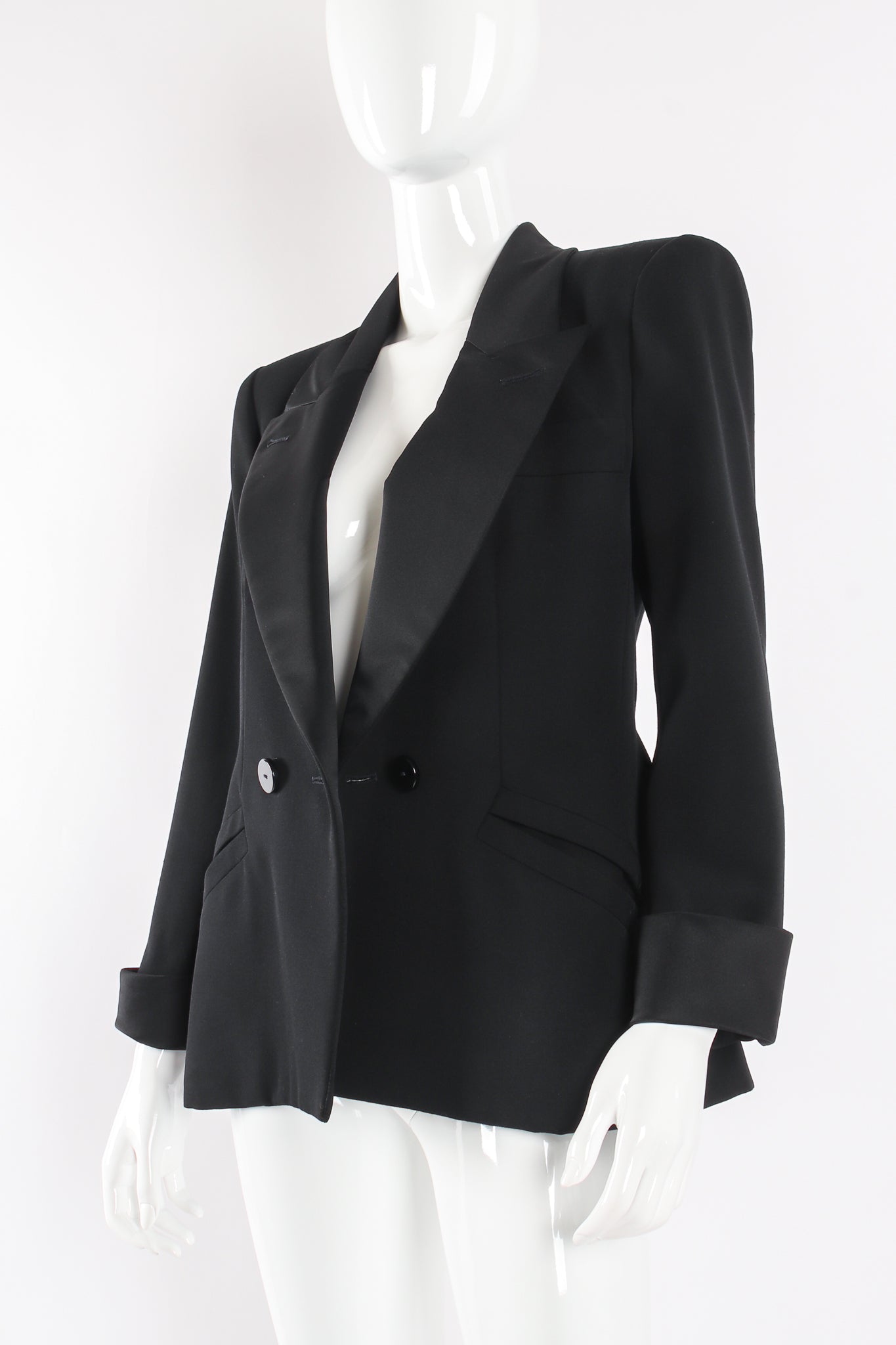 Vintage Yves Saint Laurent YSL Structured Tuxedo Le Smoking Jacket on mannequin open at Recess LA