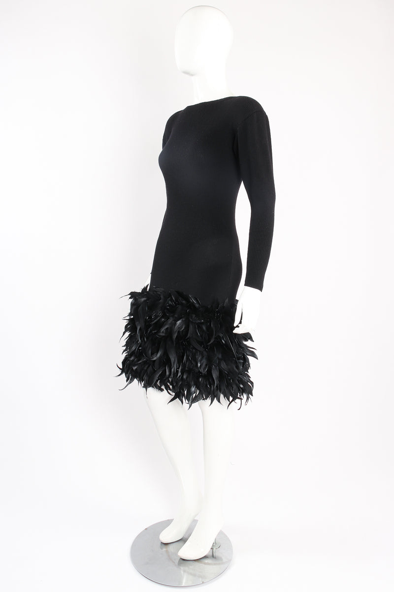 Vintage Yves Saint Laurent YSL Feather Trimmed Sweater Knit Dress on mannequin angle at Recess Los Angeles