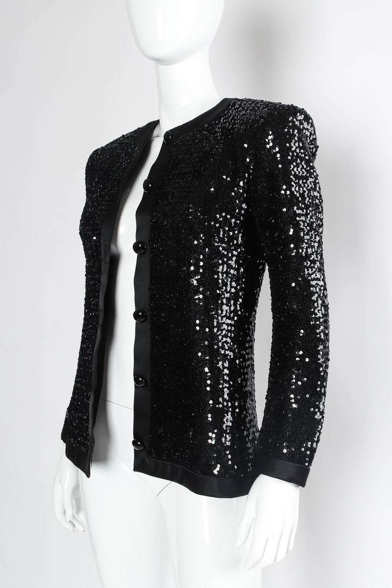 Vintage Saint Laurent 1980s Satin Sequin Jacket mannequin close angle unbuttoned @ Recess Los Angeles