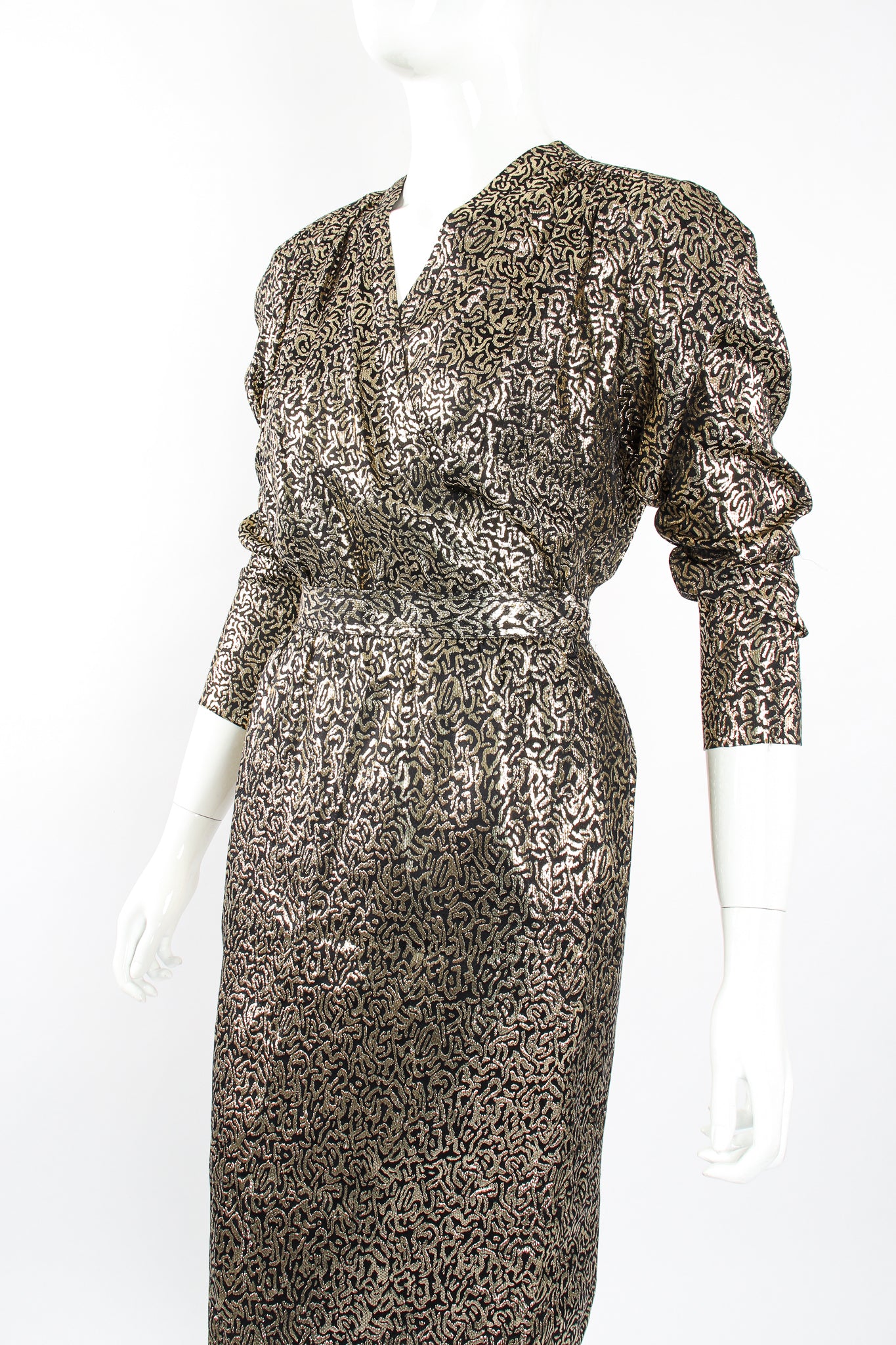 Vintage YSL Yves Saint Laurent Squiggle Lamé Blouse & Skirt Set on Mannequin Angle at Recess LA