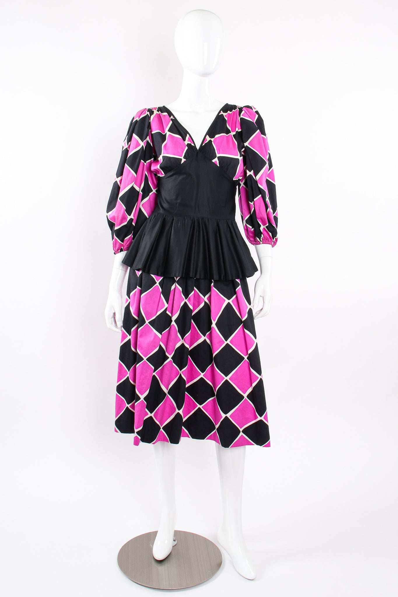 Vintage YSL Yves Saint Laurent Harlequin Balloon Sleeve Peplum Dress Mannequin front @ Recess LA