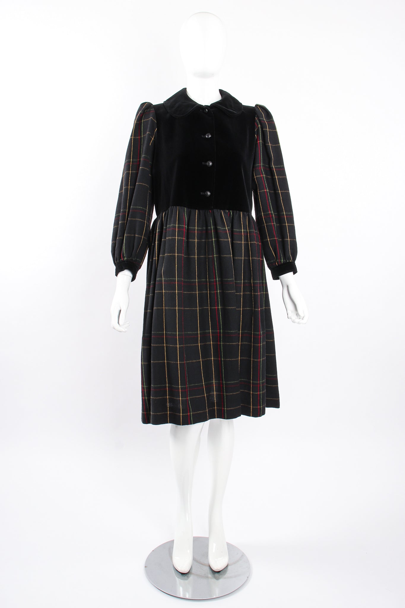 Vintage Yves Saint Laurent YSL Flannel Checked Velvet Bodice Dress on Mannequin front at Recess LA