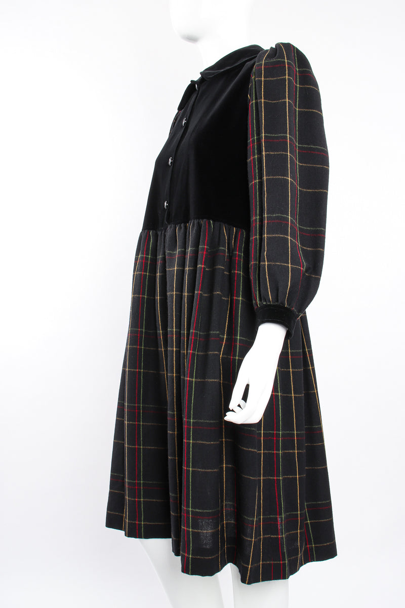 Vintage Yves Saint Laurent YSL Flannel Checked Velvet Bodice Dress on Mannequin crop at Recess LA