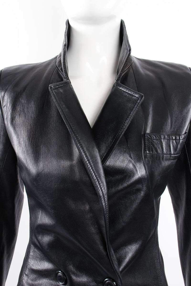 Vintage Yves Saint Laurent YSL Nipped Waist Leather Blazer on Mannequin collar at Recess LA