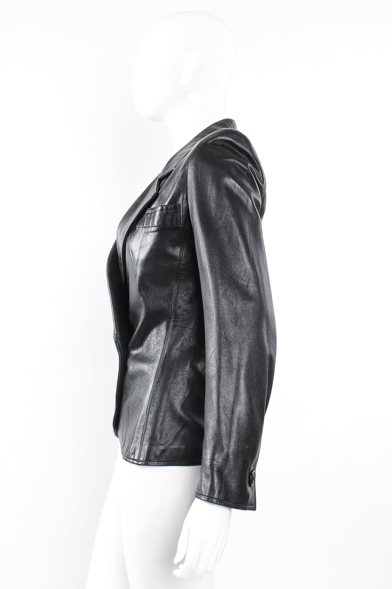 Vintage Yves Saint Laurent YSL Nipped Waist Leather Blazer on Mannequin side at Recess LA