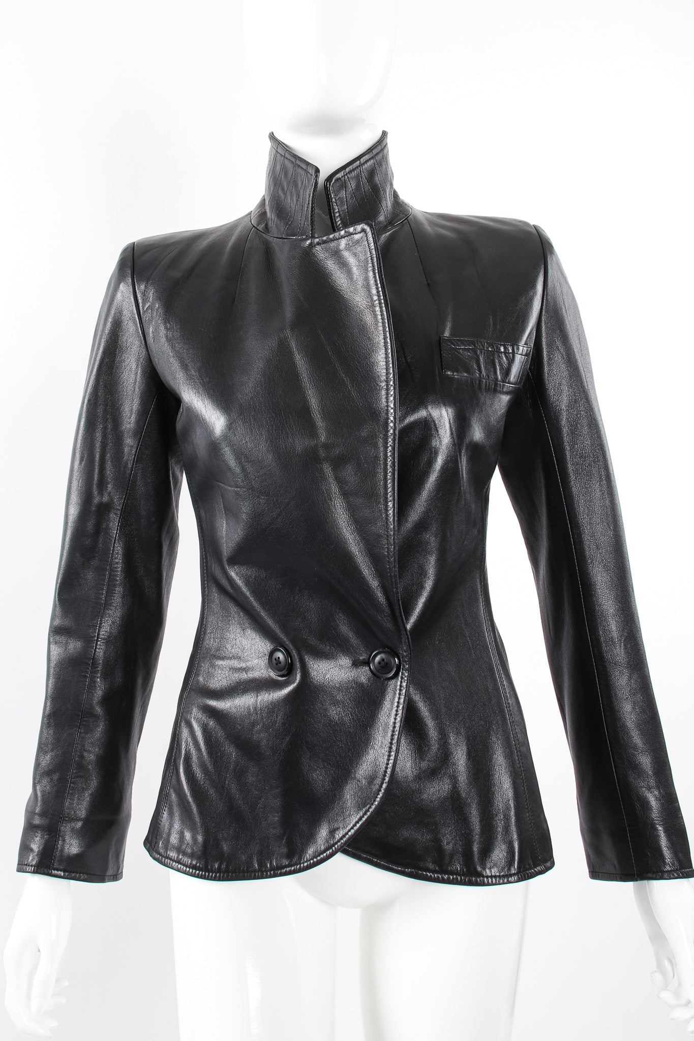 Vintage Yves Saint Laurent YSL Nipped Waist Leather Blazer on Mannequin front at Recess LA