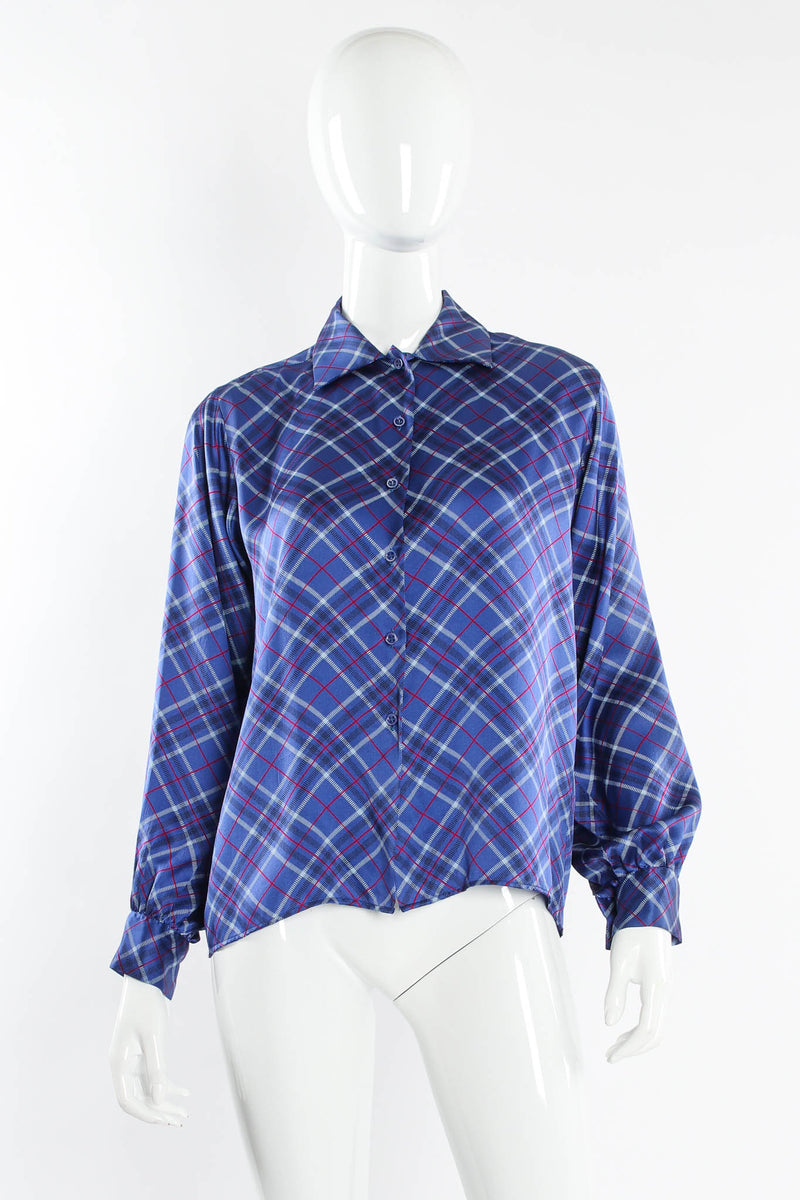 Vintage Saint Laurent Silk Plaid Print Blouse mannequin front @ Recess Los Angeles