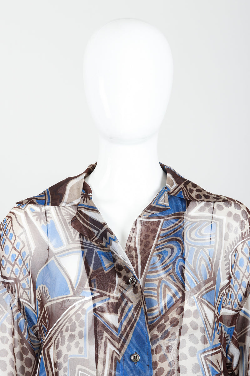 Vintage Yves Saint Laurent YSL Rive Gauche Ankara Organza Blouse on mannequin neckline at Recess