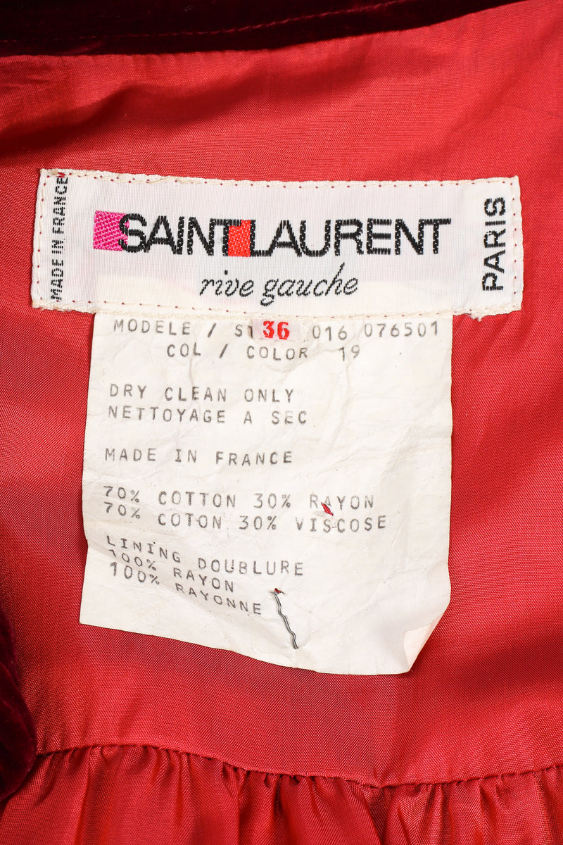 Vintage YSL Yves Saint Laurent Velvet Swing Coat label at Recess Los Angeles