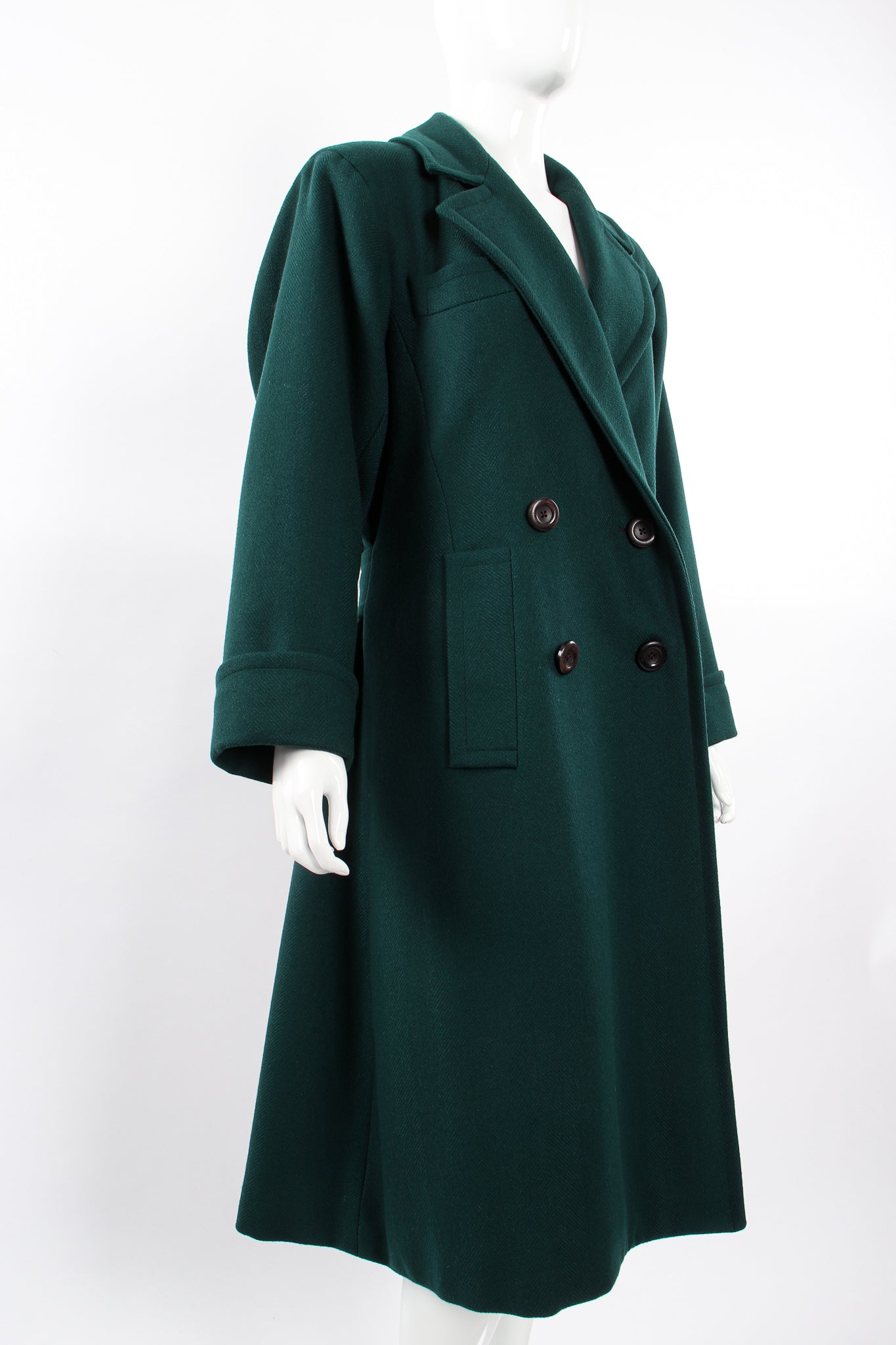 Vintage Yves Saint Laurent YSL Wool Herringbone Swing Coat on Mannequin angle at Recess Los Angeles