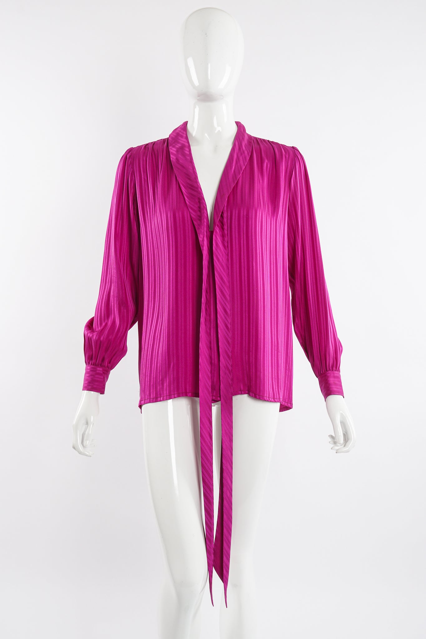 Vintage YSL Yves Saint Laurent Fuchsia Striped Chelsea Bow Blouse on Mannequin front at Recess LA