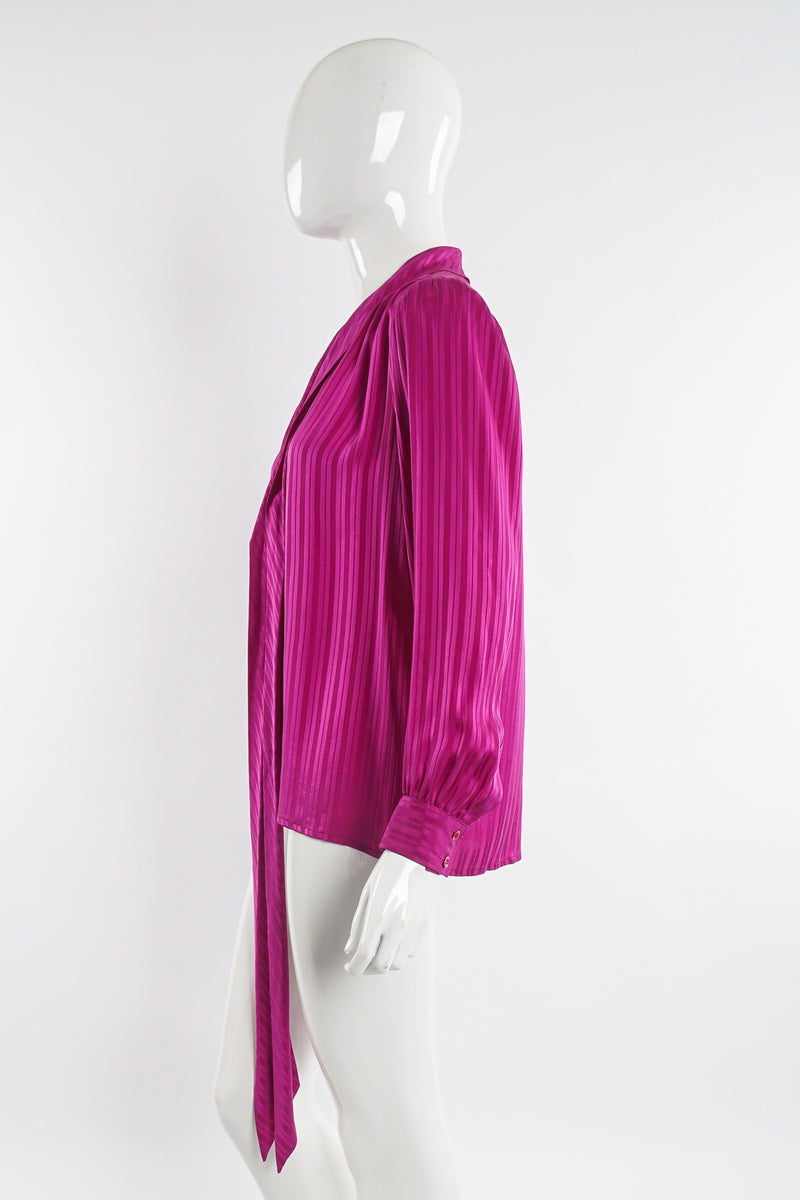 Vintage YSL Yves Saint Laurent Fuchsia Striped Chelsea Bow Blouse on Mannequin side at Recess LA