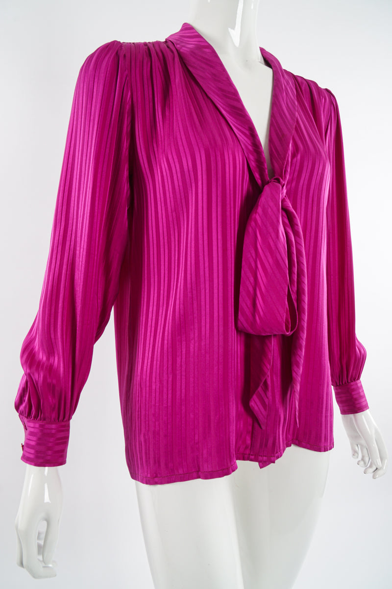 Vintage YSL Yves Saint Laurent Fuchsia Striped Chelsea Bow Blouse on Mannequin crop at Recess LA