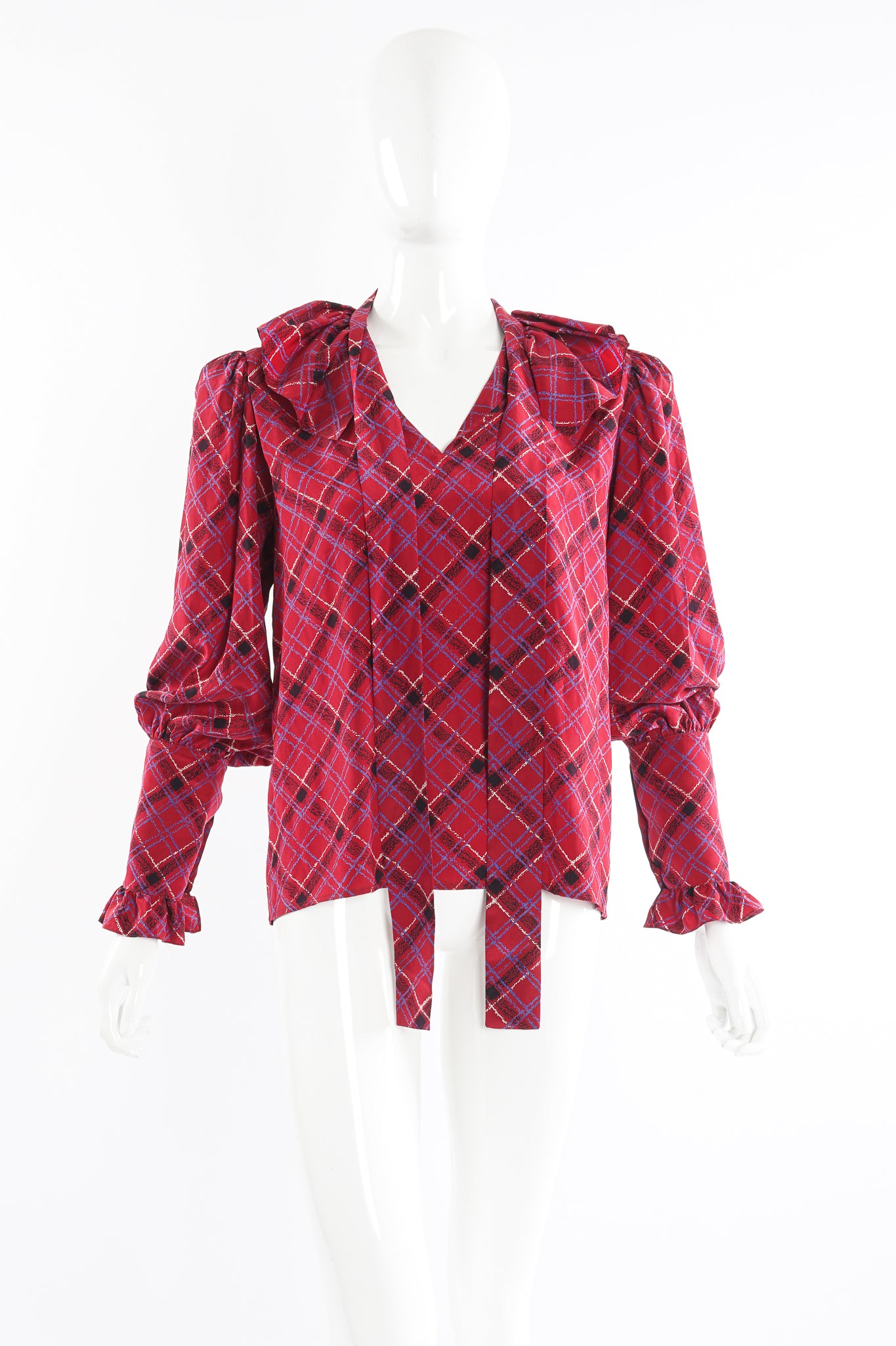 Vintage YSL Yves Saint Laurent Plaid Ruffle Bow Blouse on Mannequin front at Recess Los Angeles