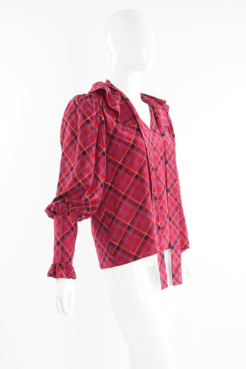 Vintage YSL Yves Saint Laurent Plaid Ruffle Bow Blouse on Mannequin side at Recess Los Angeles