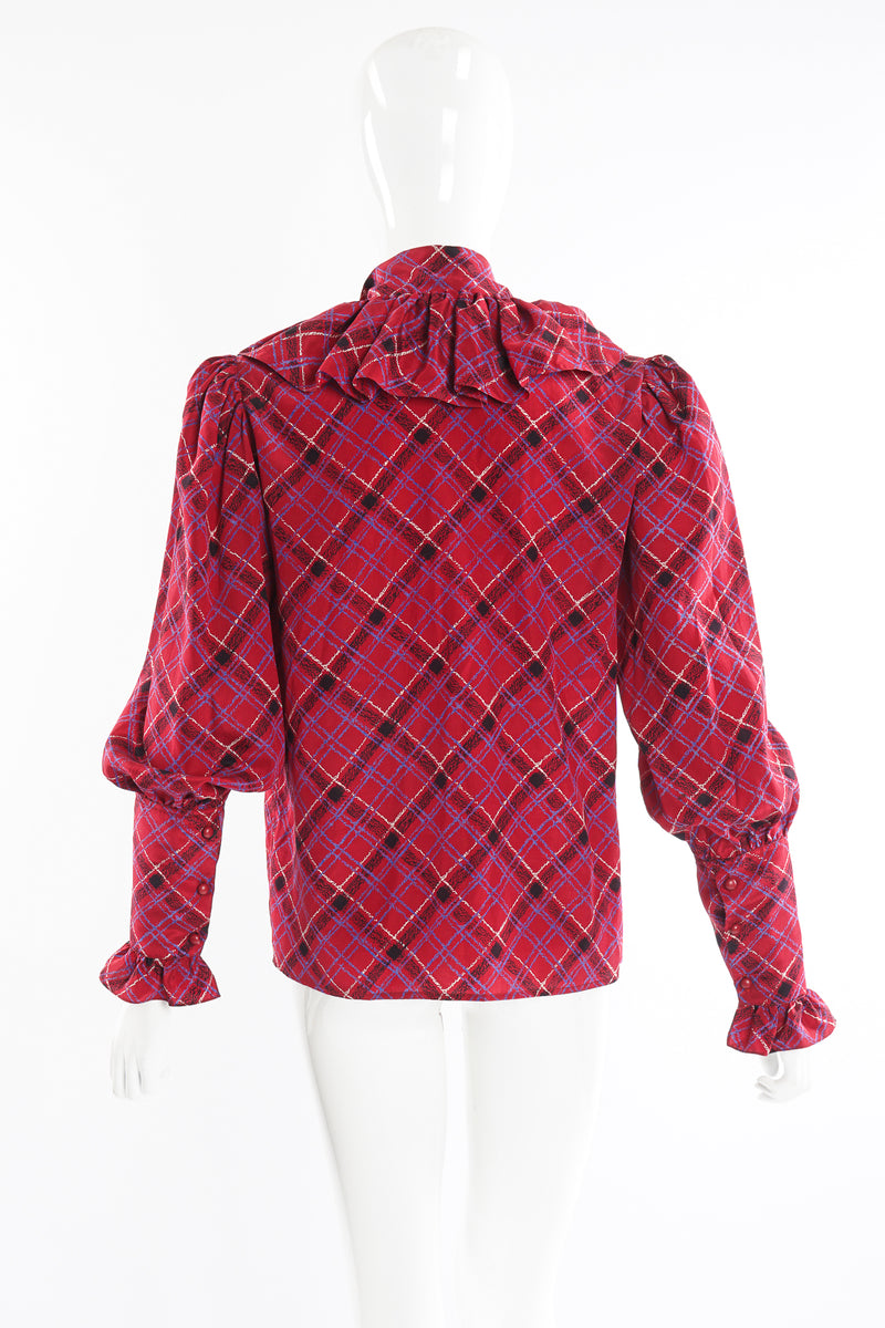 Vintage YSL Yves Saint Laurent Plaid Ruffle Bow Blouse on Mannequin back at Recess Los Angeles