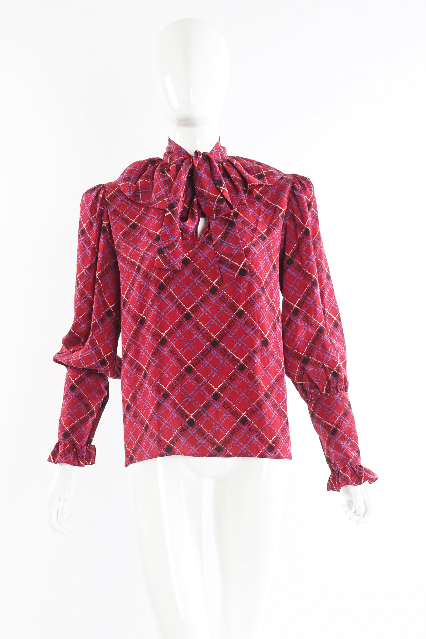 Vintage YSL Yves Saint Laurent Plaid Ruffle Bow Blouse on Mannequin front at Recess Los Angeles