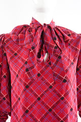 Vintage YSL Yves Saint Laurent Plaid Ruffle Bow Blouse on Mannequin neck at Recess Los Angeles