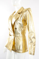 Vintage YSL Yves Saint Laurent Gold Leather Lamé Jacket on Mannequin angle at Recess Los Angeles