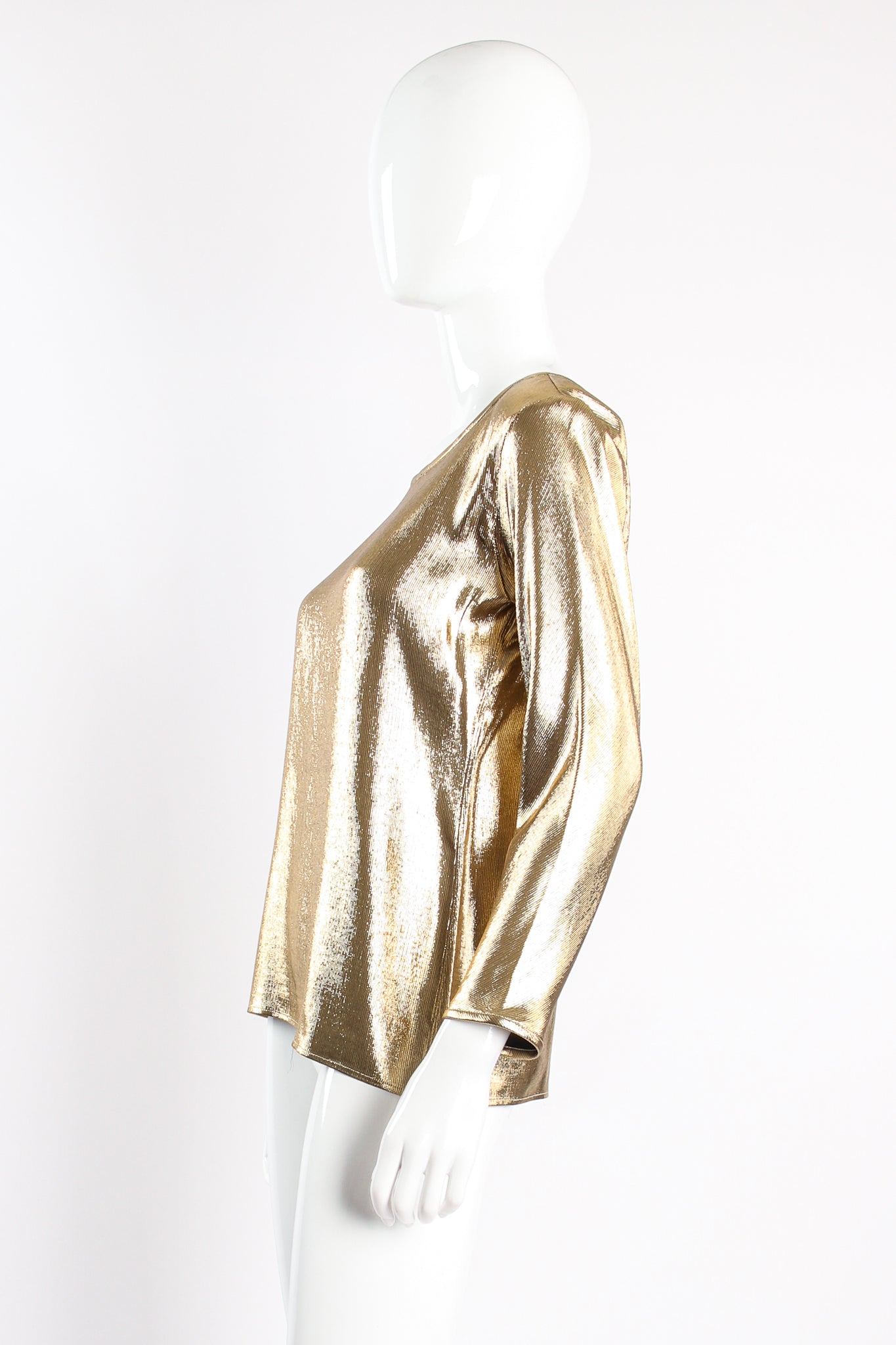 Vintage Yves Saint Laurent YSL Metallic Gold Lamé Jewel Neck Blouse on Mannequin side @ Recess LA