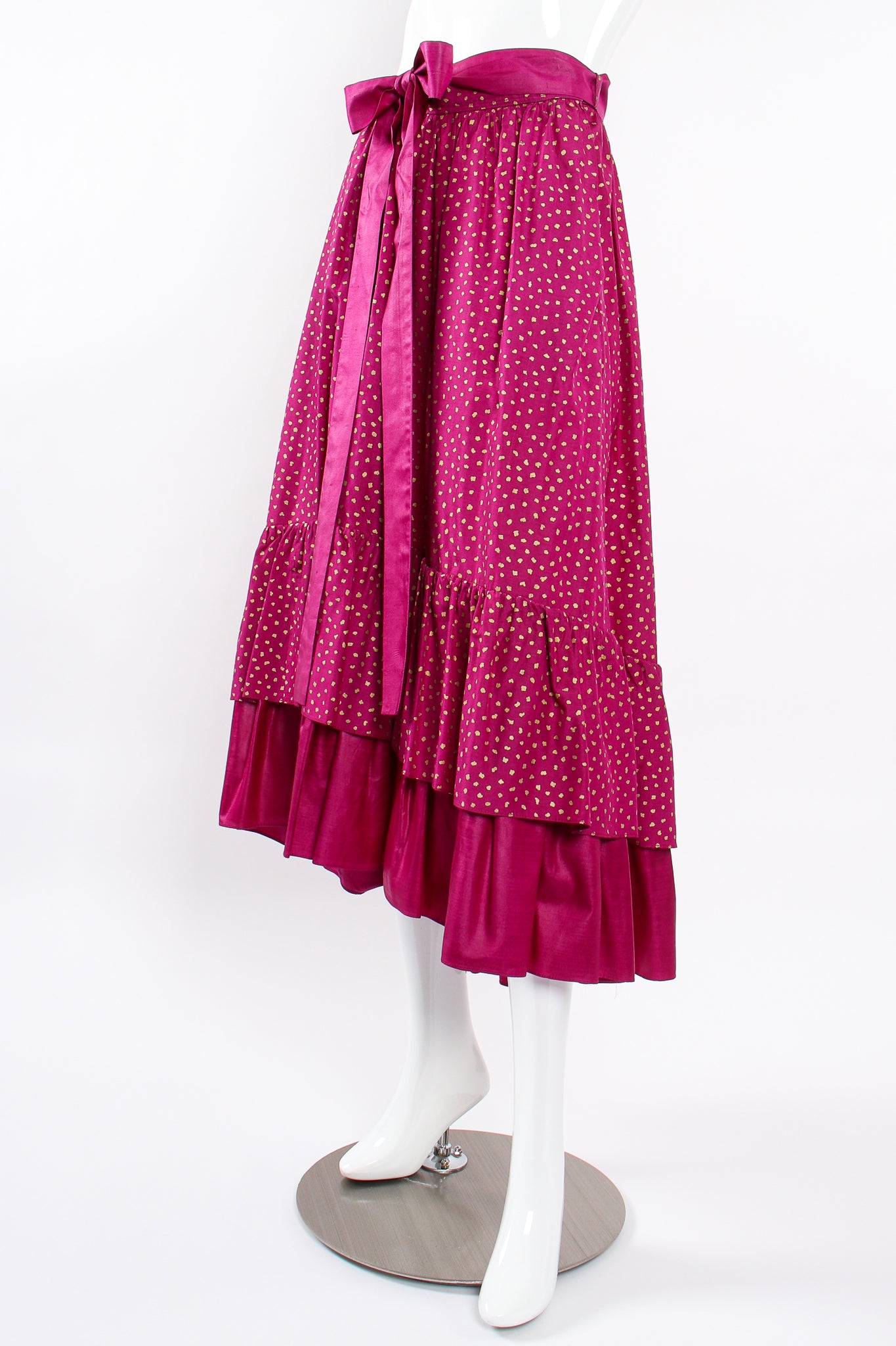 Vintage YSL Yves Saint Laurent Tiered Ruffle Hem Lamé Dot Skirt on Mannequin angle at Recess LA