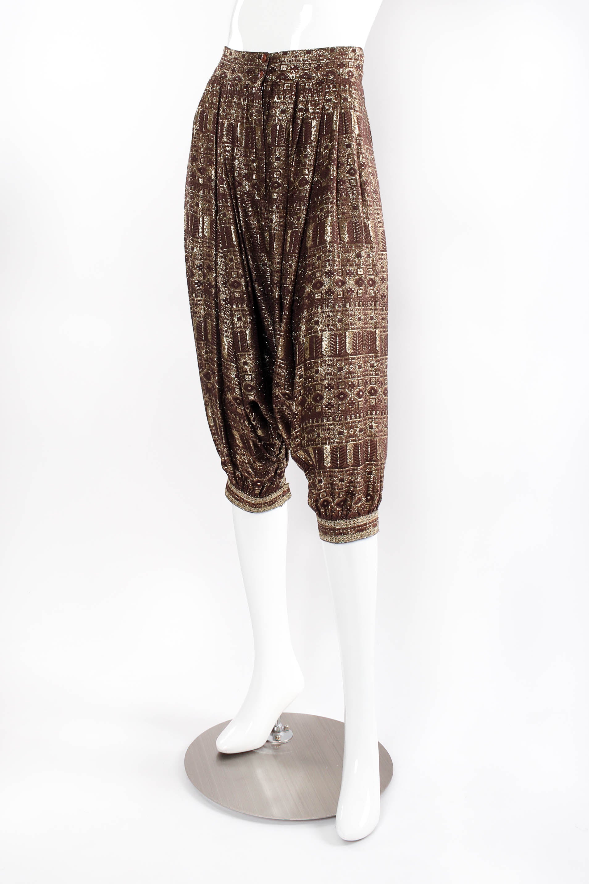 Vintage Unlabeled Saint Laurent Geometric Metallic Gold Harem Pants on mannequin at Recess LA