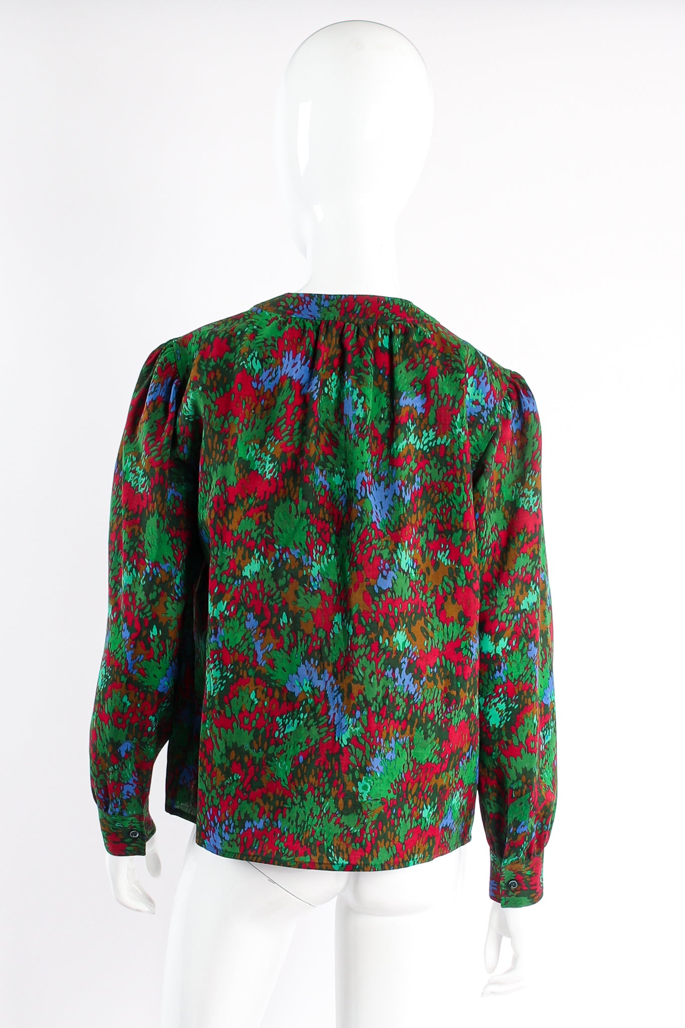 Vintage Yves Saint Laurent YSL Splatter Print Popover Blouse on mannequin back at Recess LA