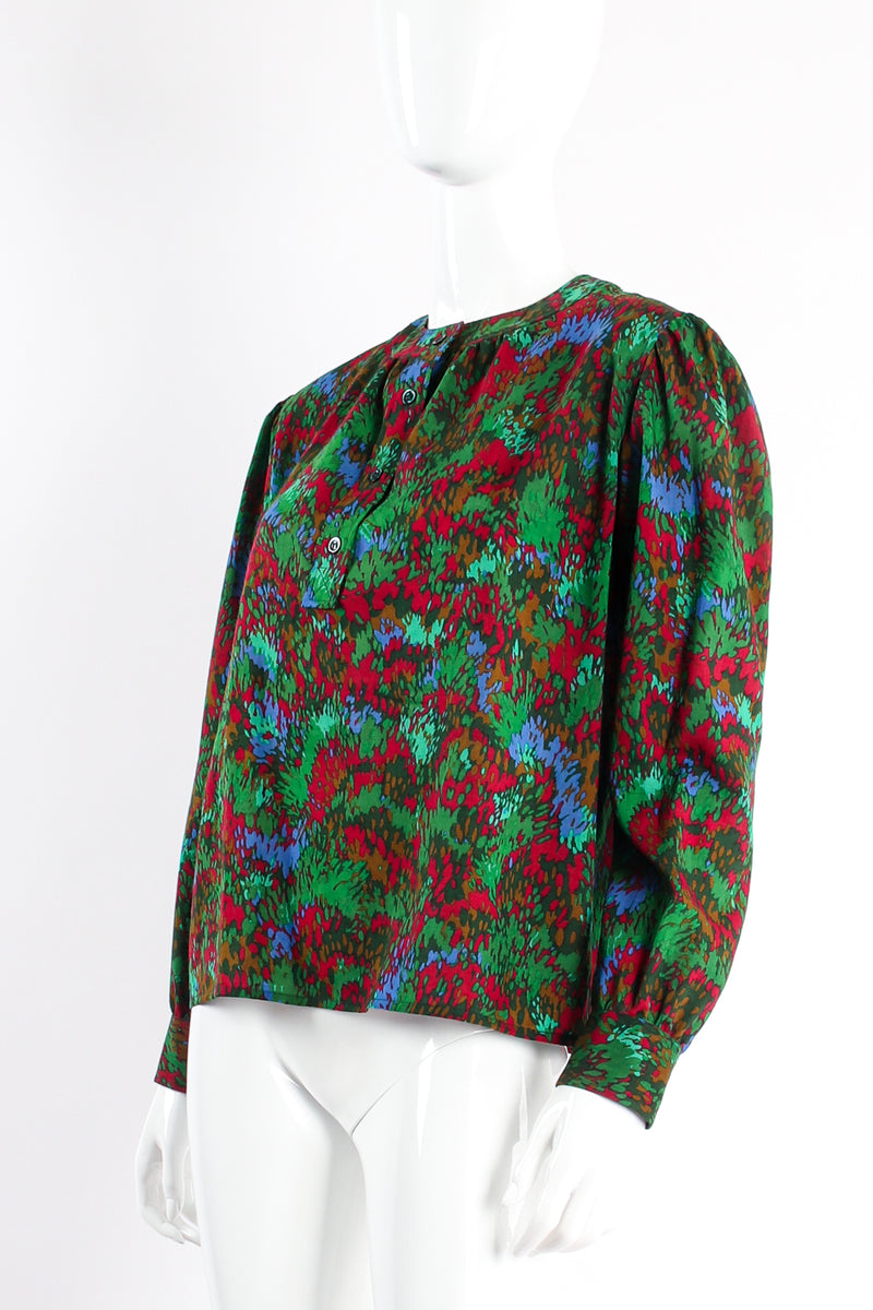 Vintage Yves Saint Laurent YSL Splatter Print Popover Blouse on mannequin angle at Recess LA