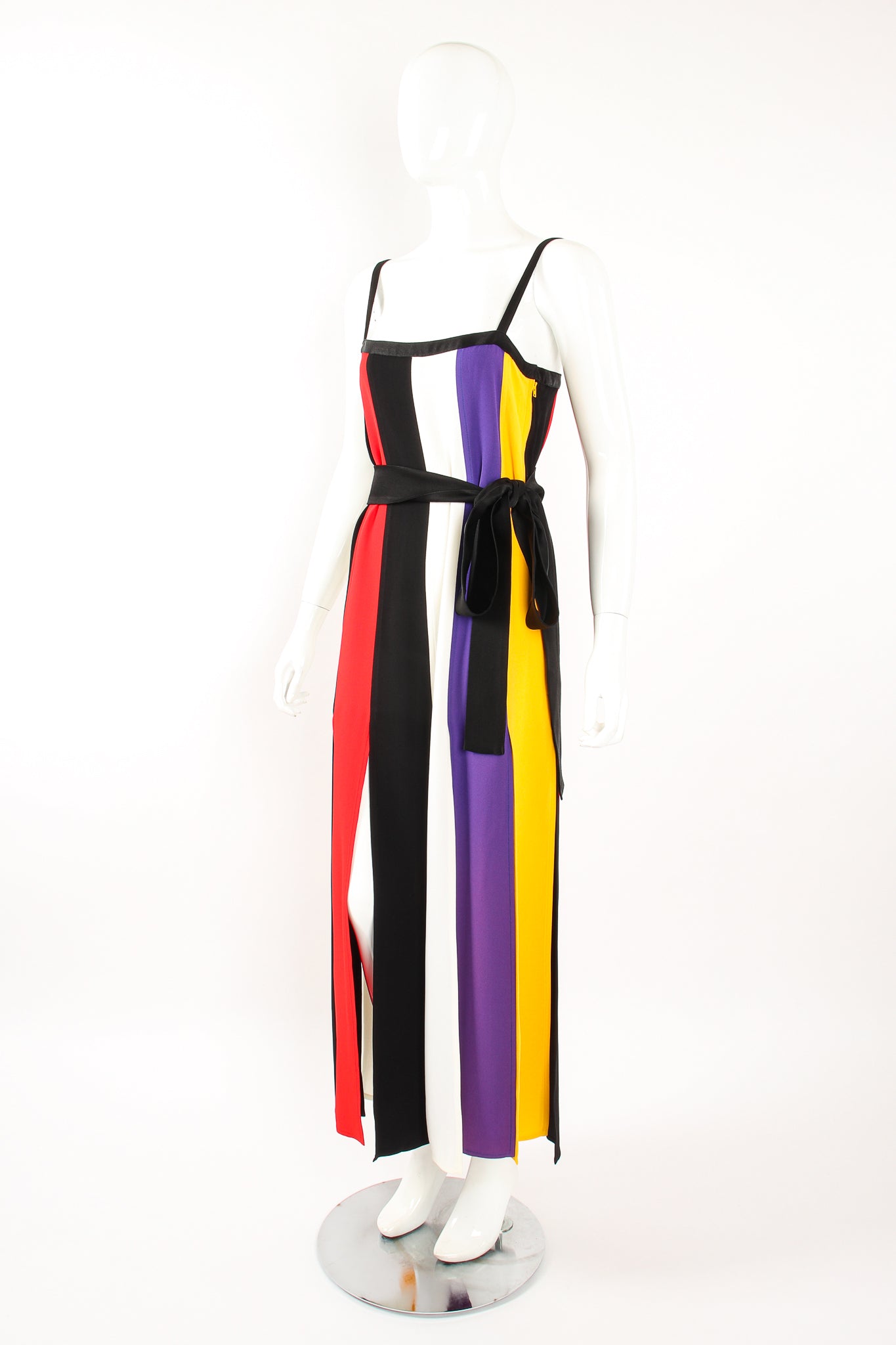 Vintage YSL Yves Saint Laurent Mondrian Stripe Carwash Sash Dress on Mannequin angle @ Recess LA