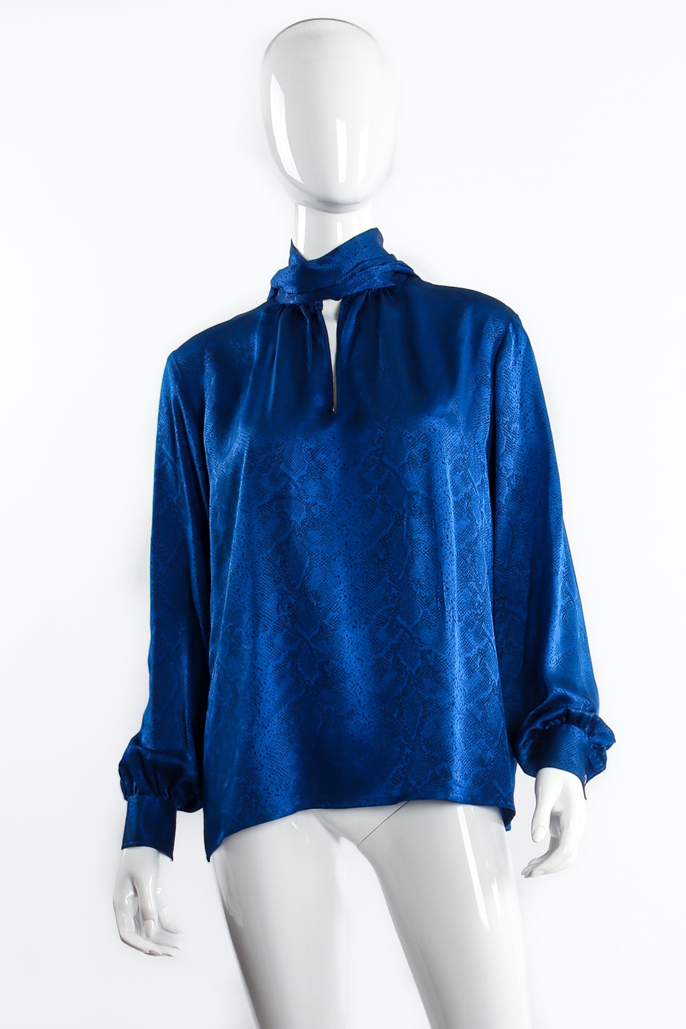 Vintage Yves Saint Laurent YSL Jacquard Snake Silk Bow Blouse on mannequin front at Recess LA