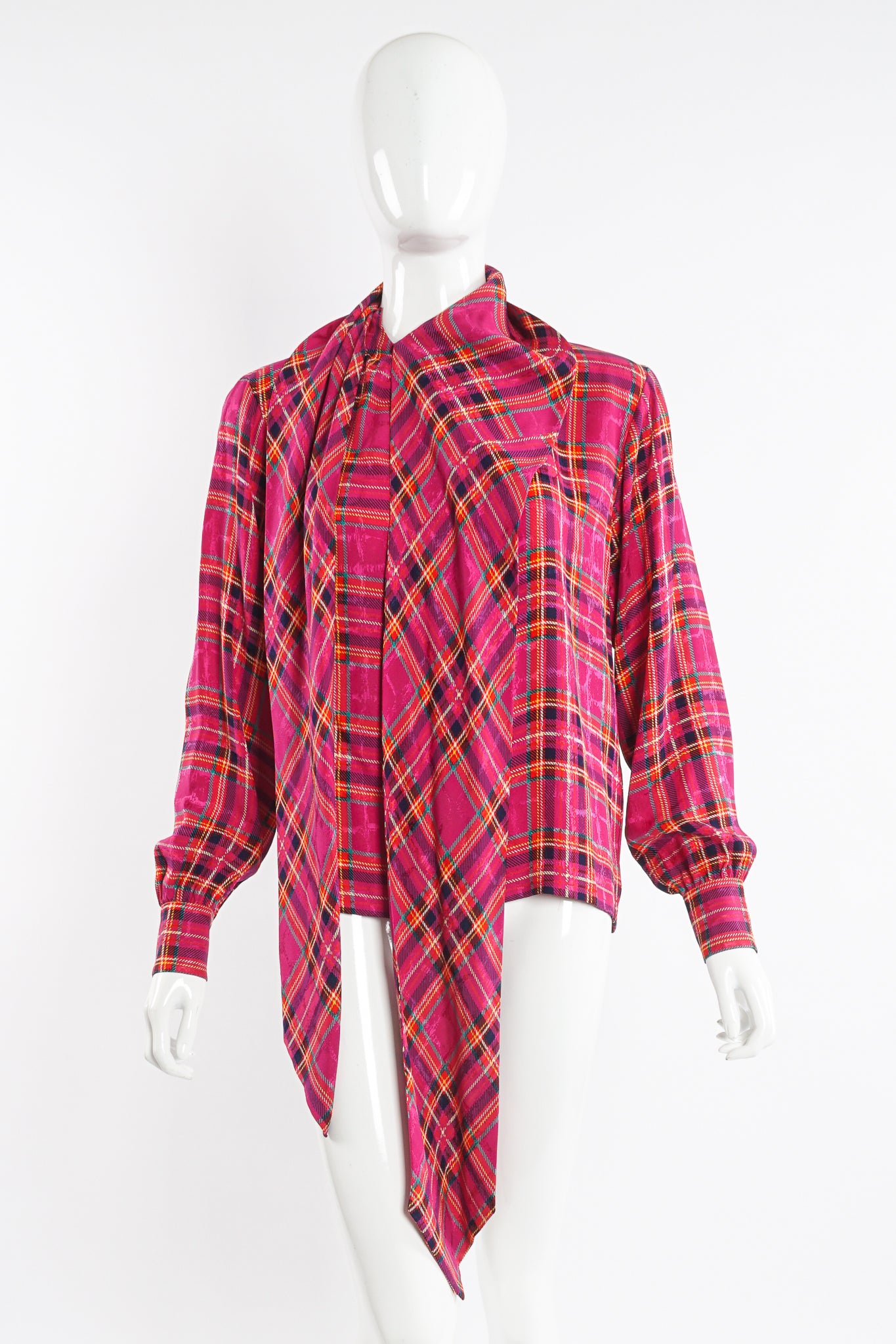 Vintage YSL Yves Saint Laurent Pink Plaid Silk Bow Blouse on Mannequin front at Recess Los Angeles