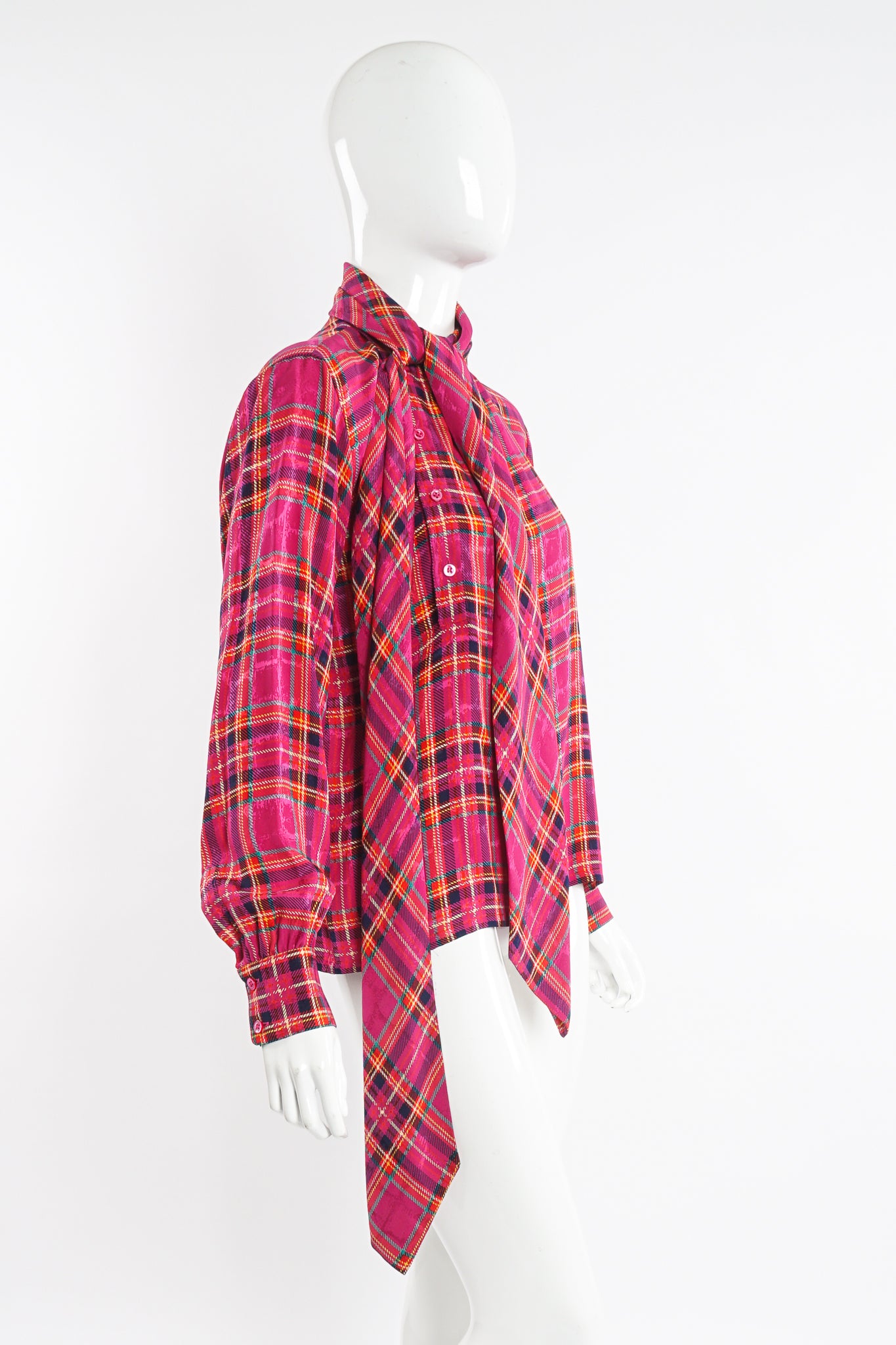 Vintage YSL Yves Saint Laurent Pink Plaid Silk Bow Blouse on Mannequin side at Recess Los Angeles