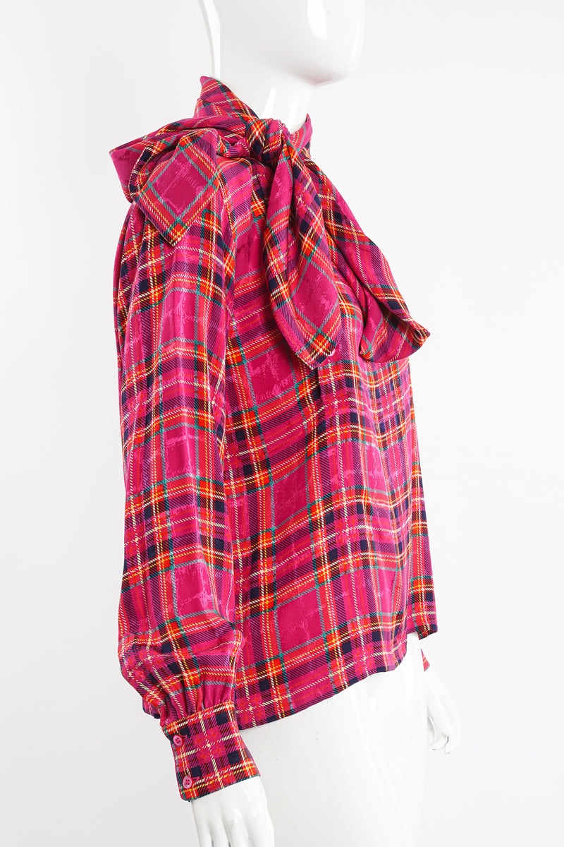 Vintage YSL Yves Saint Laurent Pink Plaid Silk Bow Blouse on Mannequin at Recess Los Angeles