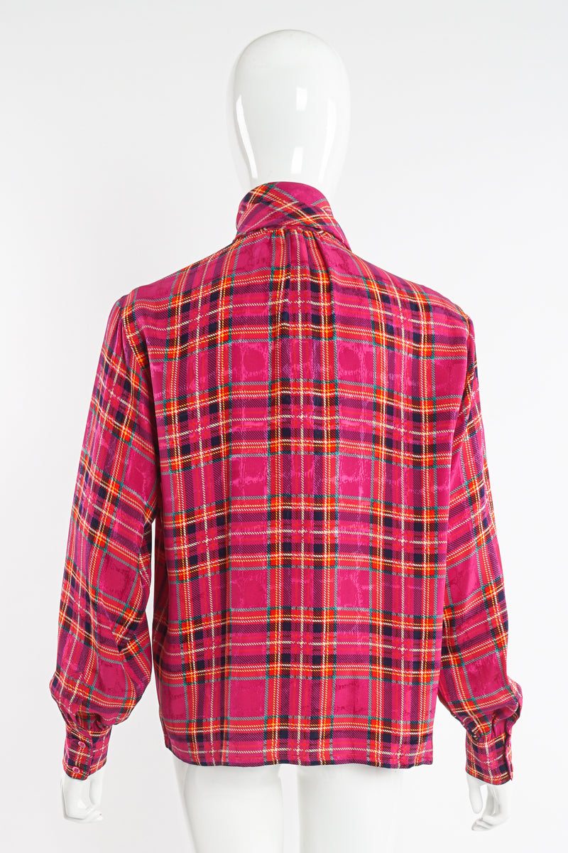 Vintage YSL Yves Saint Laurent Pink Plaid Silk Bow Blouse on Mannequin back at Recess Los Angeles