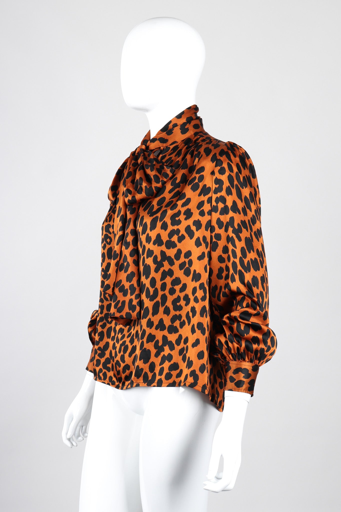 Recess Los Angeles Vintage Yves Saint Laurent Silk Animal Leopard Blouson Sleeves Button Cuff Long Neck Tie 