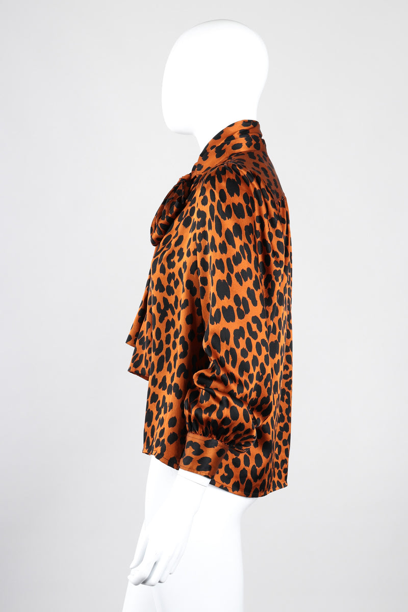 Recess Los Angeles Vintage Yves Saint Laurent Silk Animal Leopard Blouson Sleeves Button Cuff Long Neck Tie 