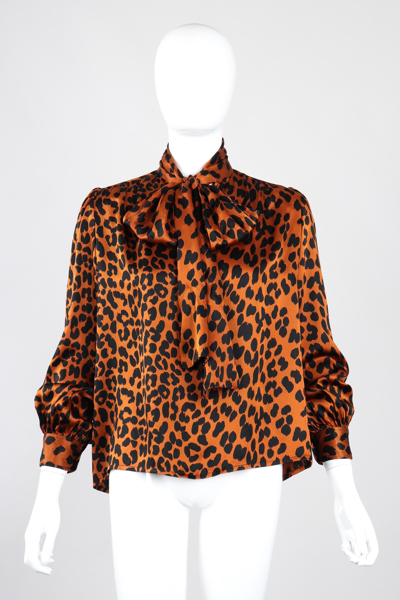 Recess Los Angeles Vintage Yves Saint Laurent Silk Animal Leopard Blouson Sleeves Button Cuff Long Neck Tie 