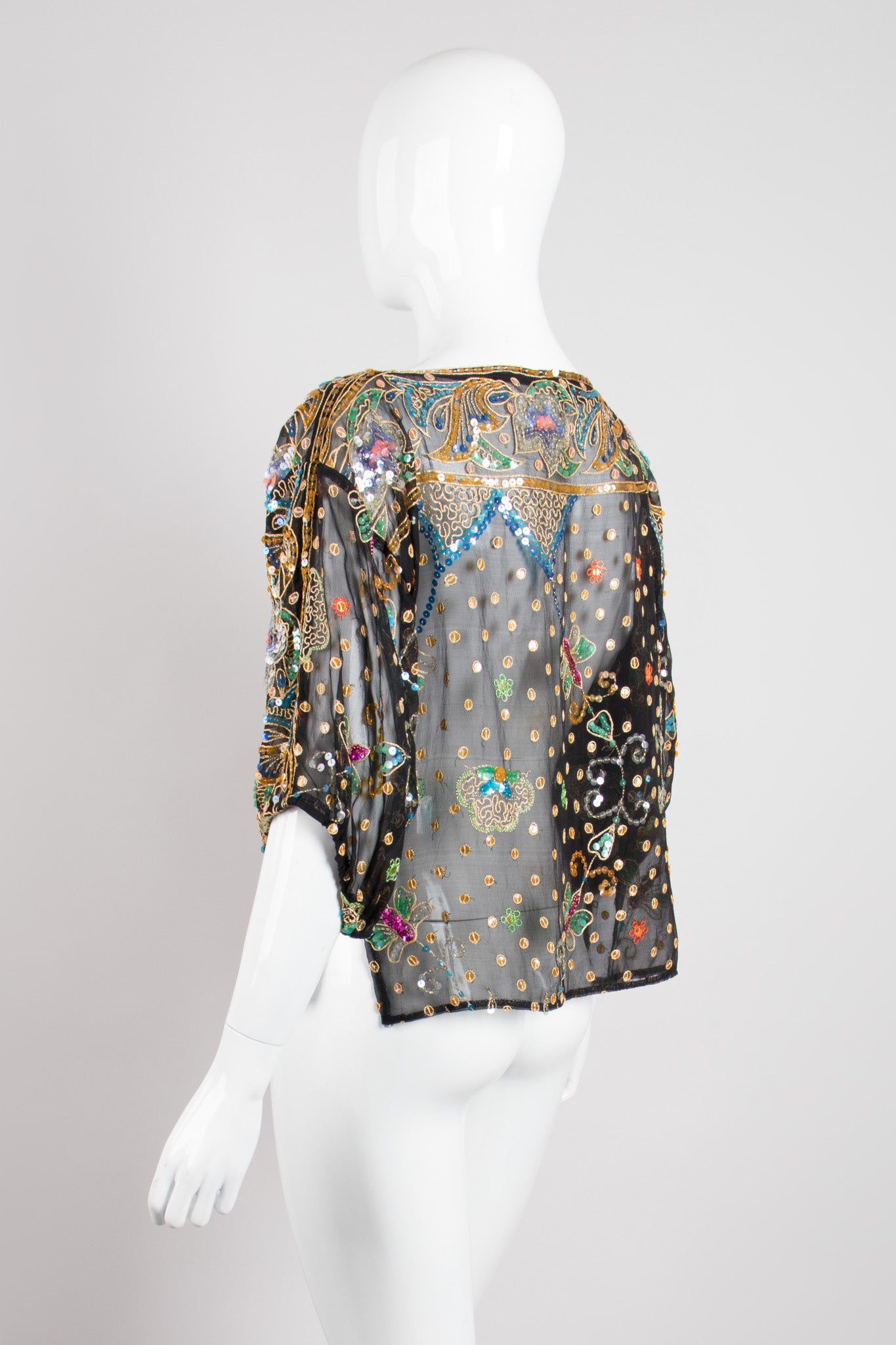 Saks Fifth Ave Vintage Sheer Sequin Chiffon Box Butterfly Top