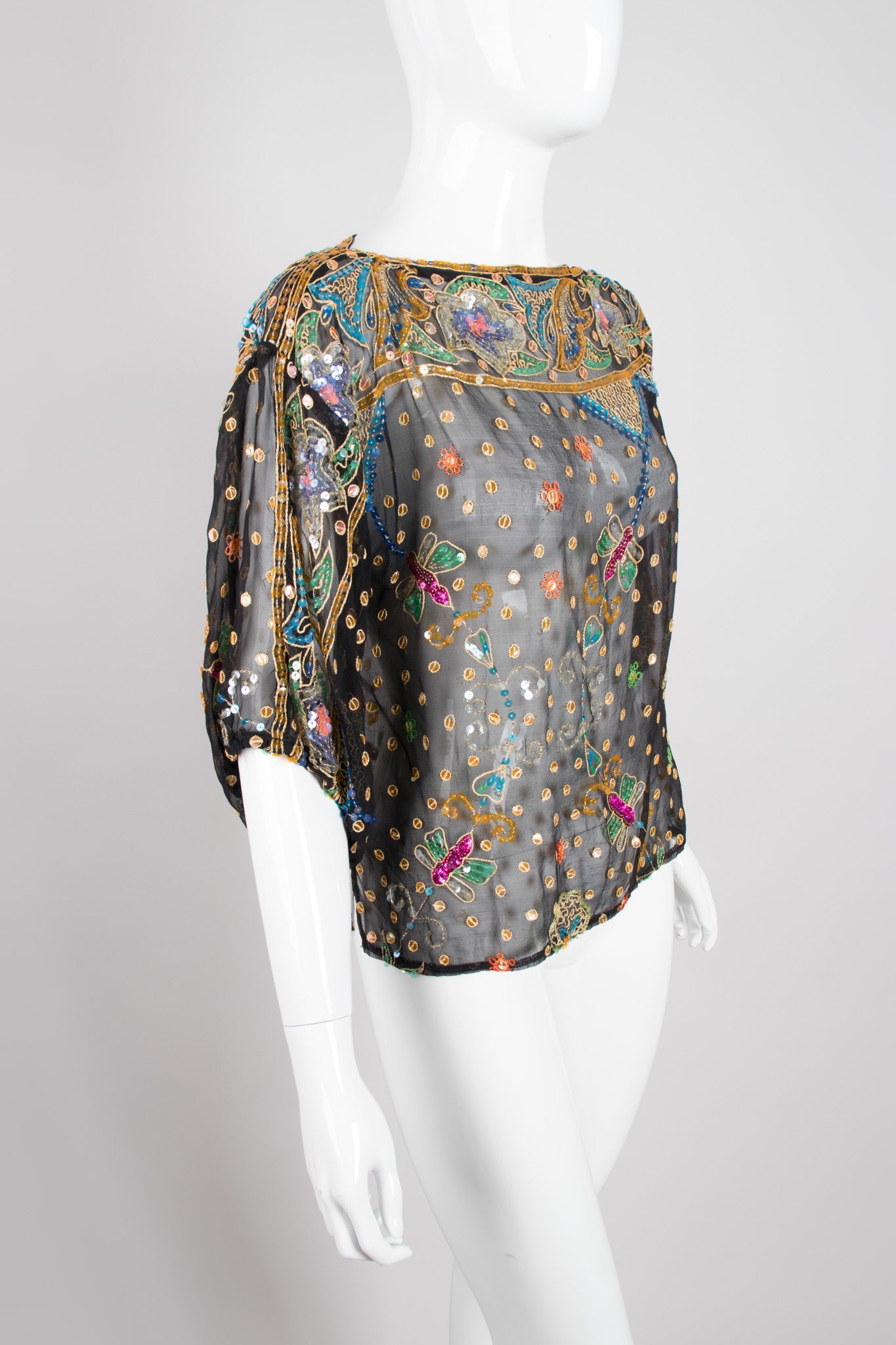 Saks Fifth Ave Vintage Sheer Sequin Chiffon Box Butterfly Top