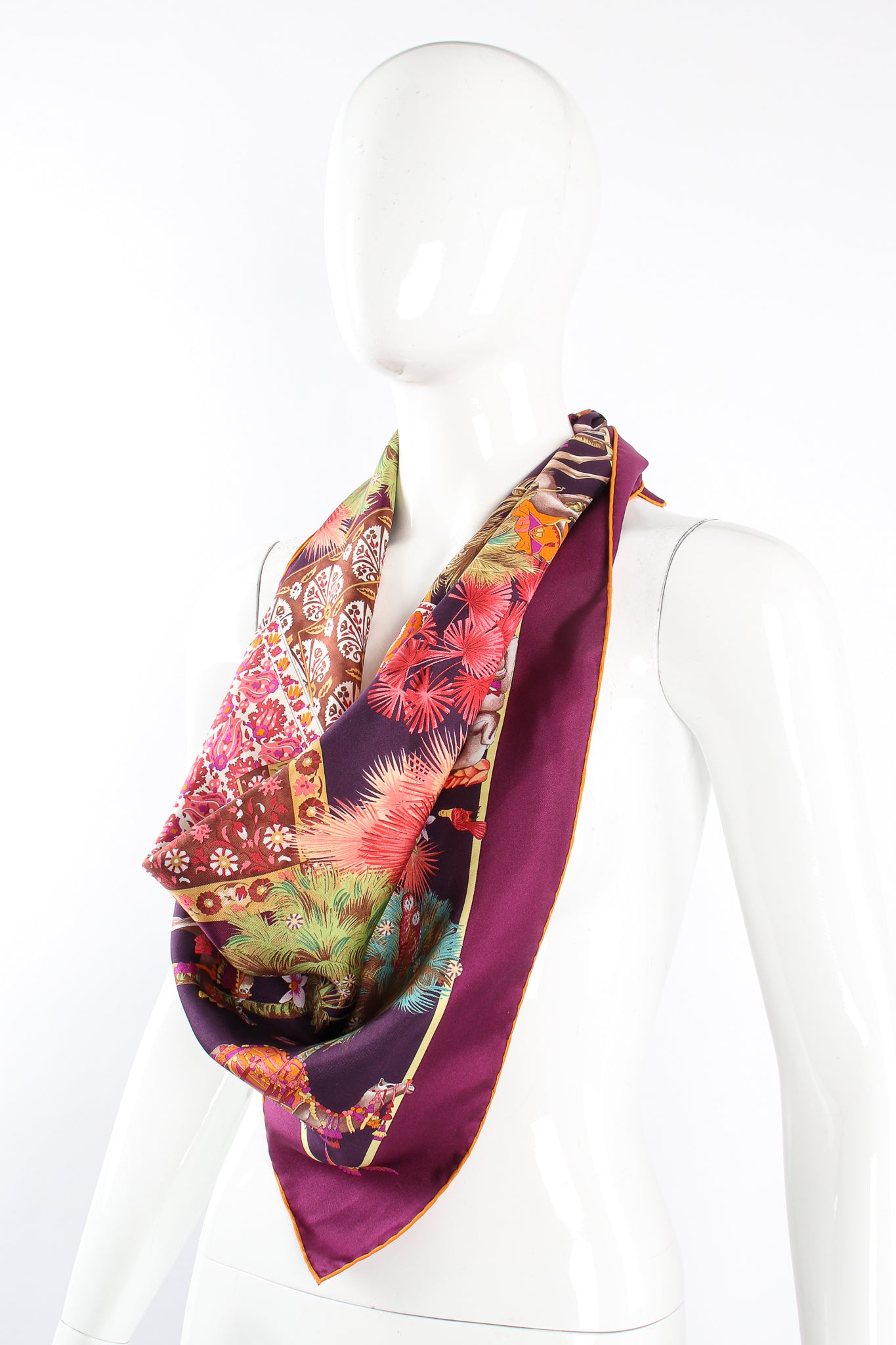 Vintage Salvatore Ferragamo Medina Camel Parade Silk Scarf on Mannequin at Recess Los Angeles