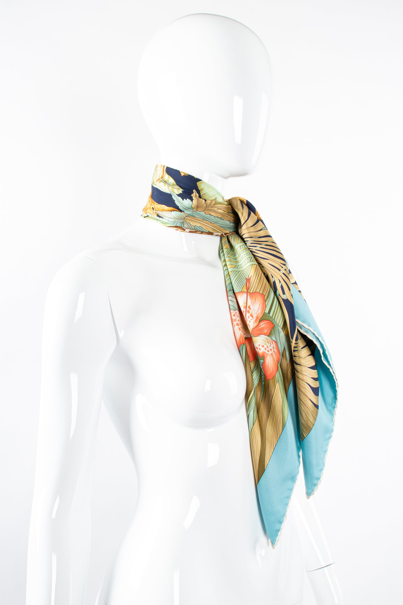 Vintage Salvatore Ferragamo Blossom Giraffe Jungle Scarf on mannequin at Recess Los Angeles