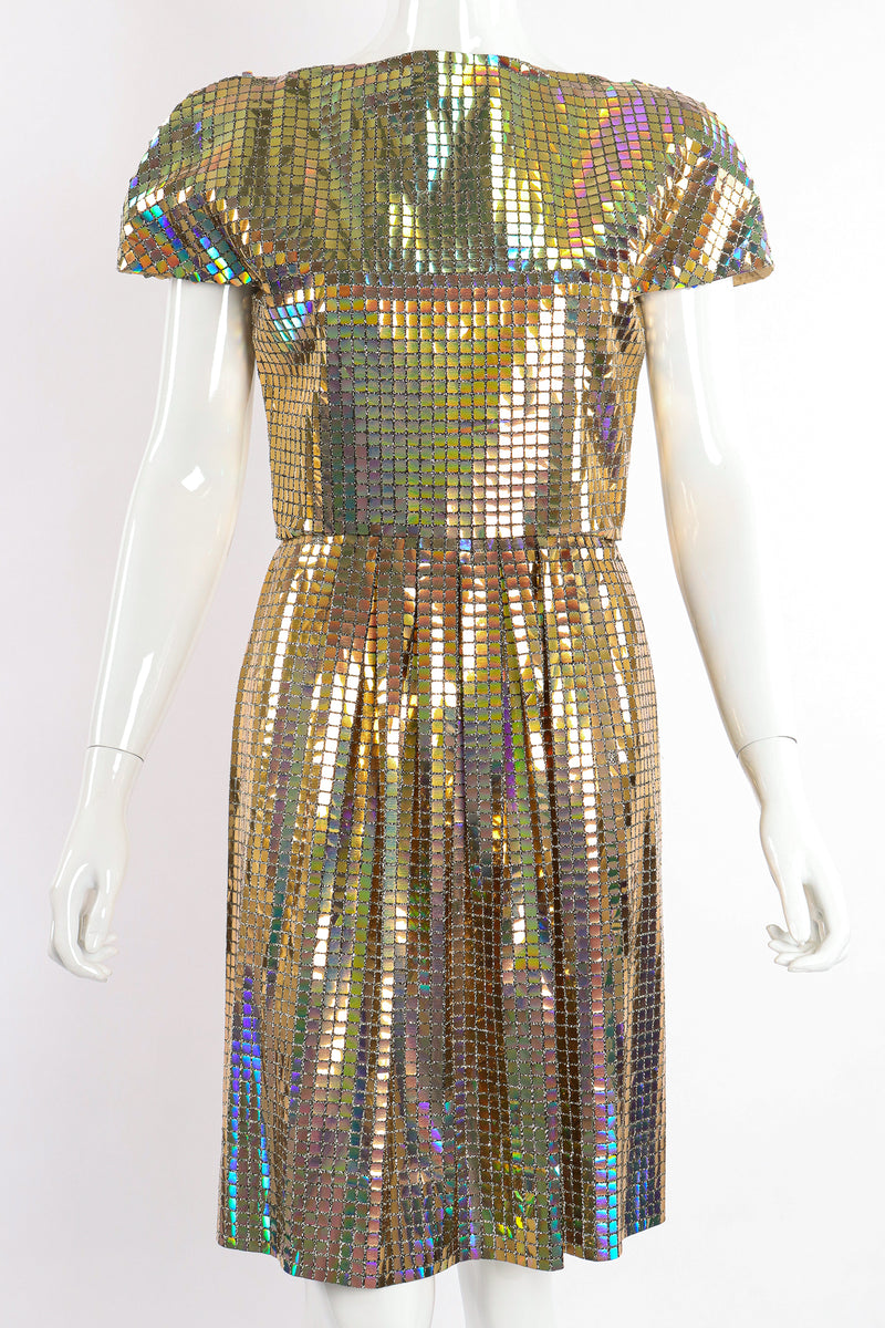 Vintage Scaasi Boutique Holographic Tile Disco Dress on Mannequin front crop at Recess Los Angeles