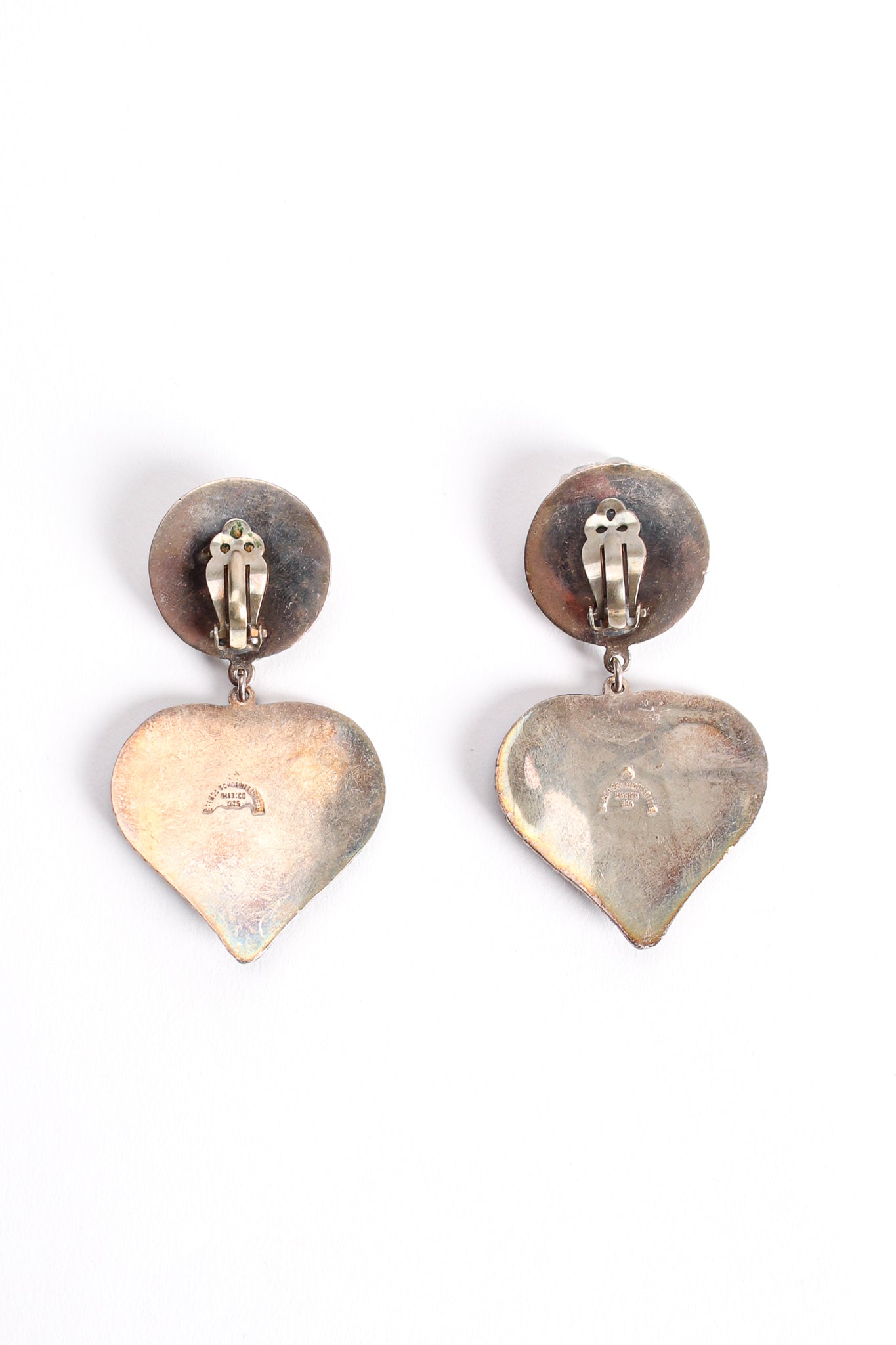 Vintage Brenda Schoenfeld 1992 Sterling Silver Heart Drop Earrings backside at Recess Los Angeles