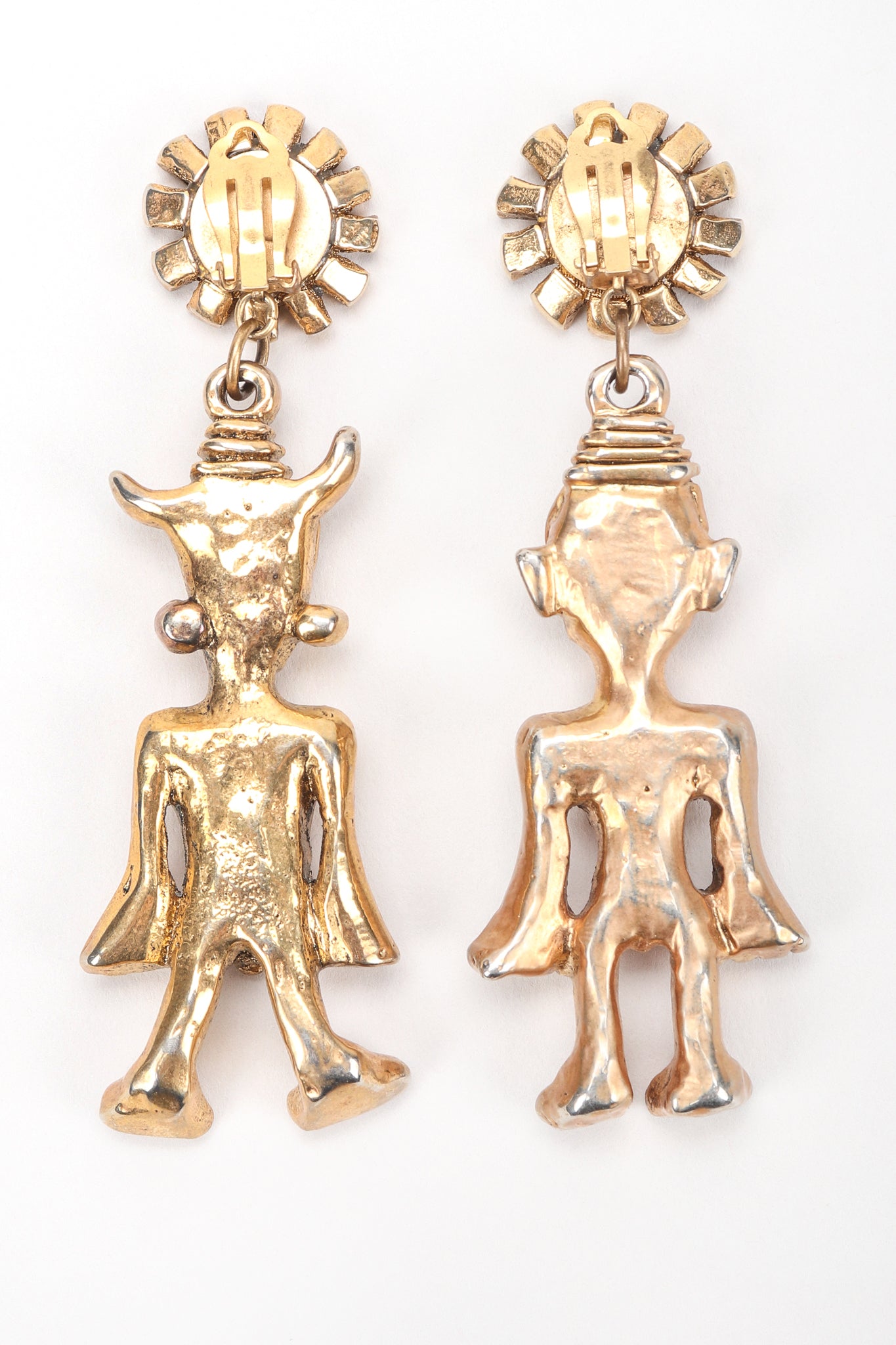 Recess Vintage Scooter Gold Mayan Incan Aztec Style Figurine Earrings, White Background