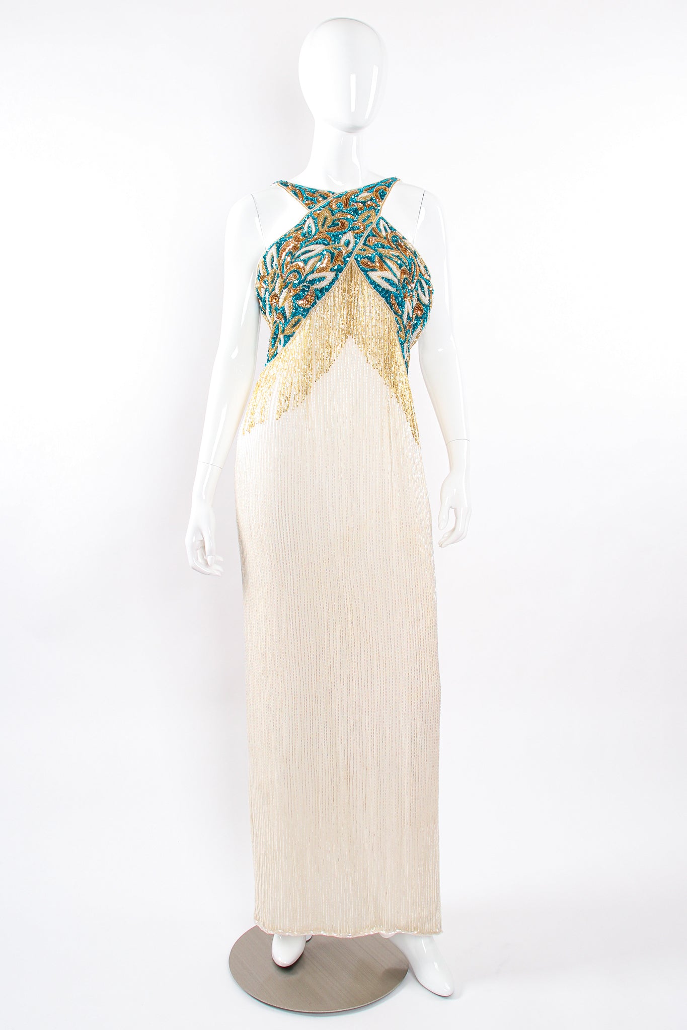 Vintage Sequins Originals Beaded Grecian Fringe Gown on Mannequin front at Recess Los Angeles