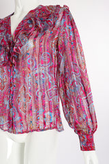 Vintage The Silk Farm Sheer Floral Stripe Ruffle Blouse on Mannequin sleeve at Recess Los Angeles