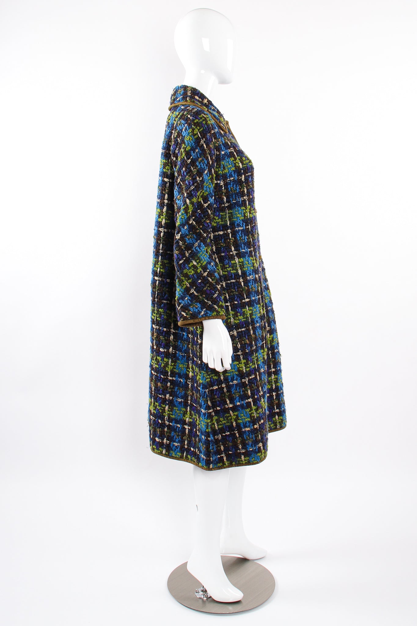 Vintage Sills Bonnie Cashin Plaid Tweed Blanket Coat on Mannequin side at Recess Los Angeles